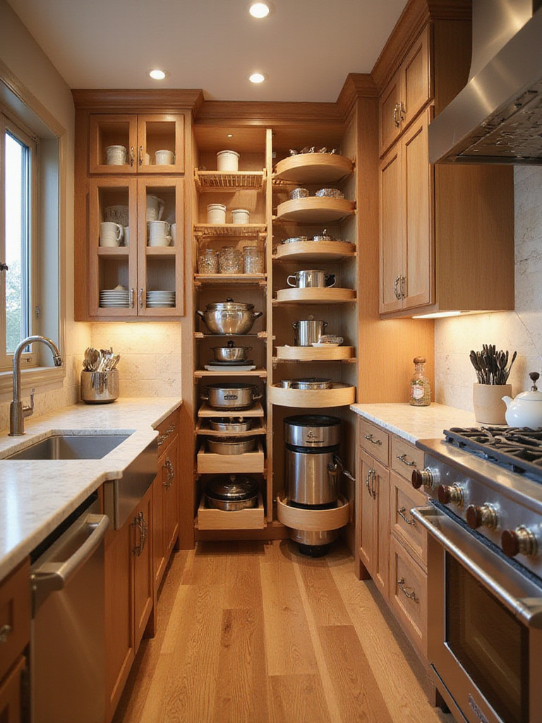 Modern kitchen showcasing pull-out drawers, pantry organizers, and clever cabinet inserts for efficient storage.