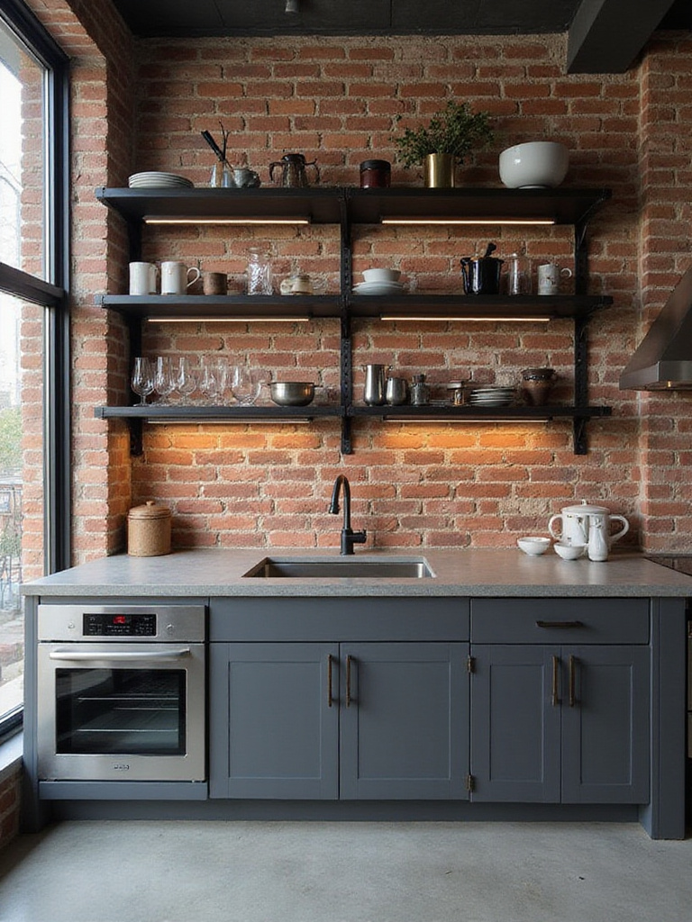 Modern kitchen with exposed brick backsplash, stainless steel appliances, and concrete countertops.