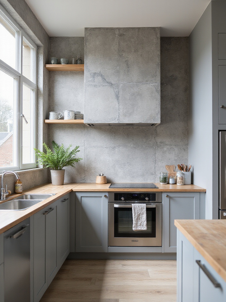 Modern kitchen with concrete-effect wallpaper accent wall and stainless steel appliances