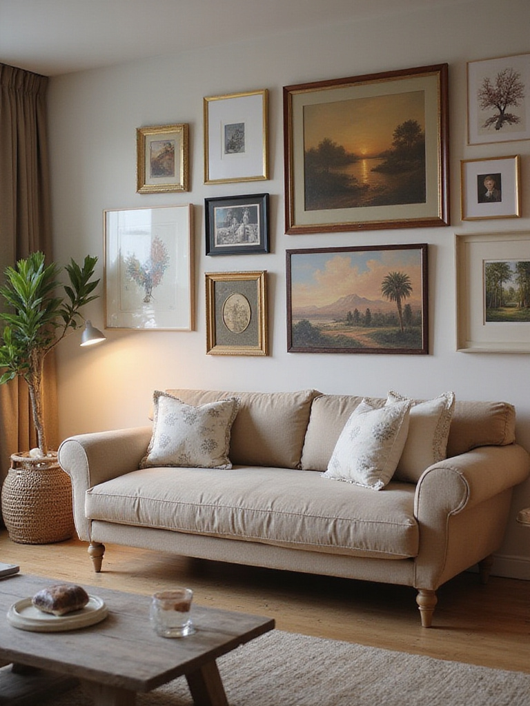 A diverse, personal art collection displayed on a living room wall above a sofa, featuring a mix of framed art, photographs, and objects in a curated gallery wall arrangement.