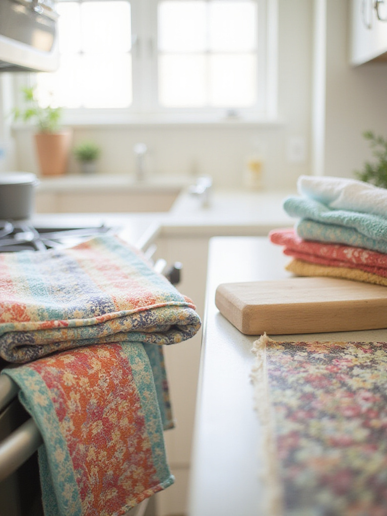 Colorful and patterned kitchen linens, like dish towels and placemats, adding vibrant style and personality to a bright apartment kitchen counter and oven.