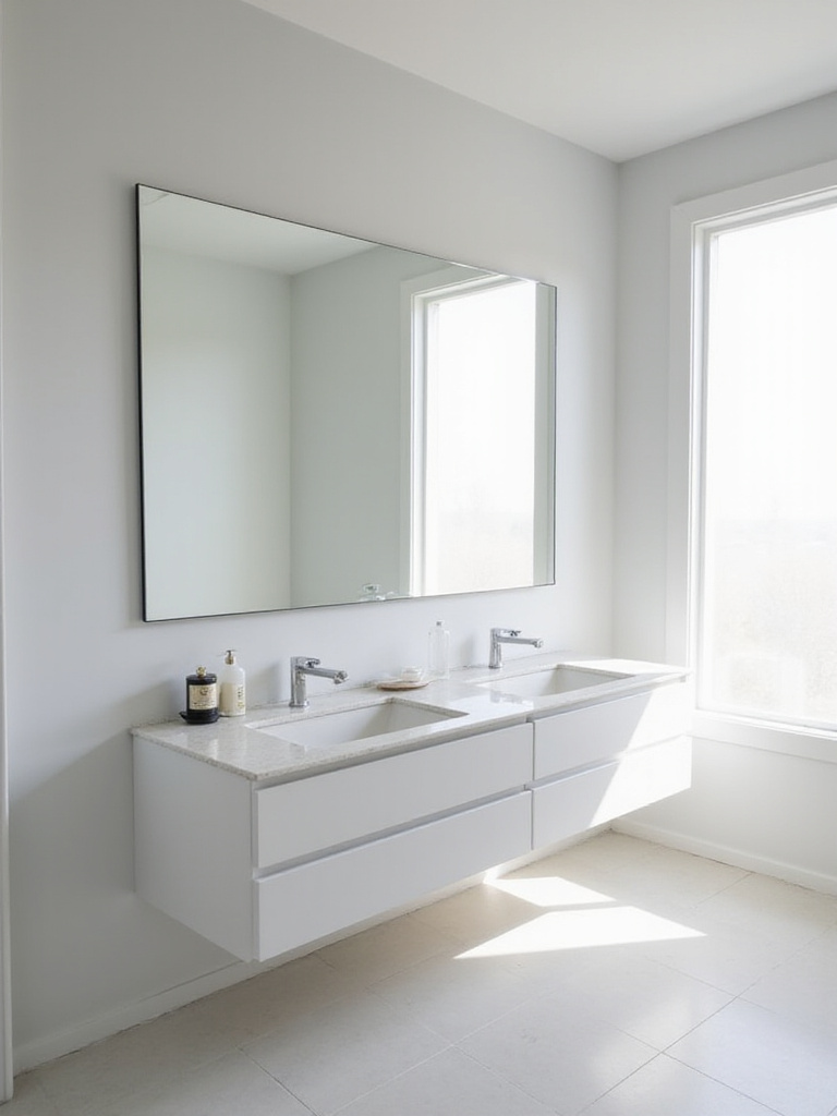 Small bathroom with large frameless mirror reflecting light and creating the illusion of more space