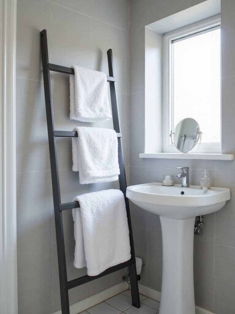 Small bathroom with grey metal towel ladder holding folded white towels.