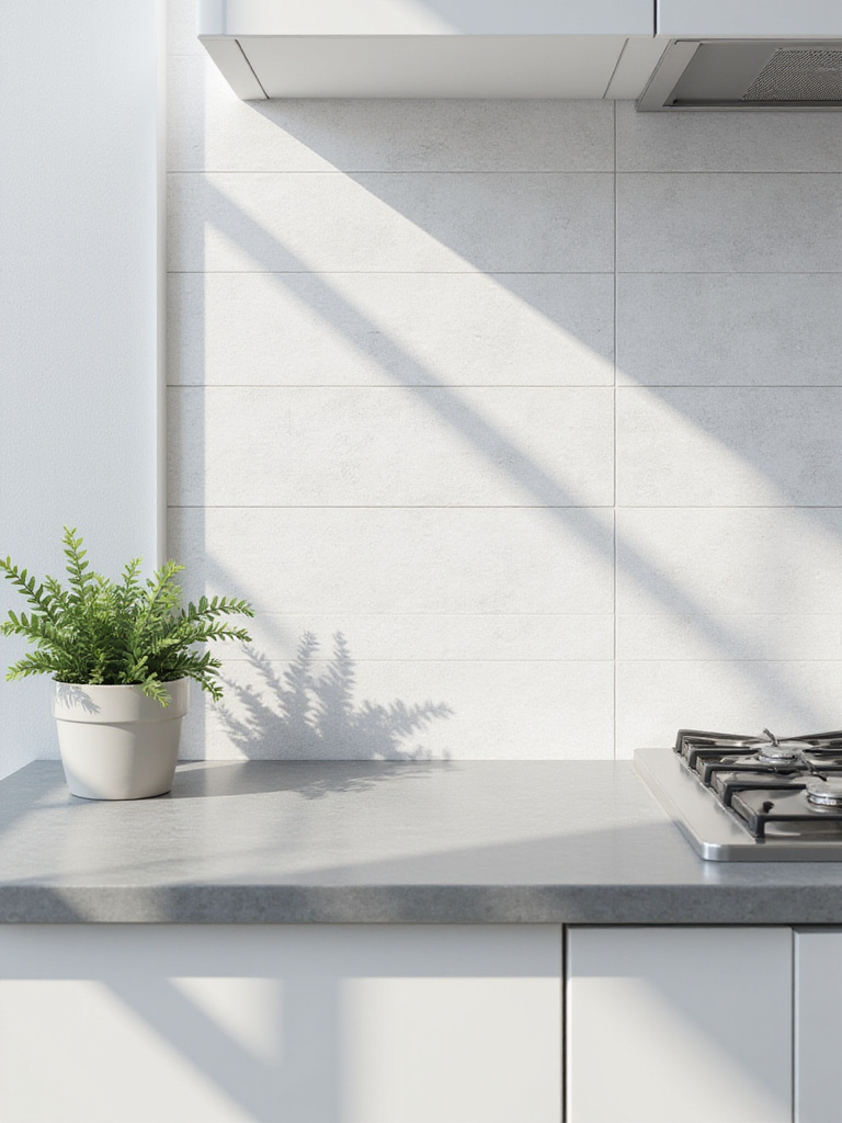 Modern apartment kitchen wall featuring a light grey peel and stick subway tile backsplash above a grey countertop.