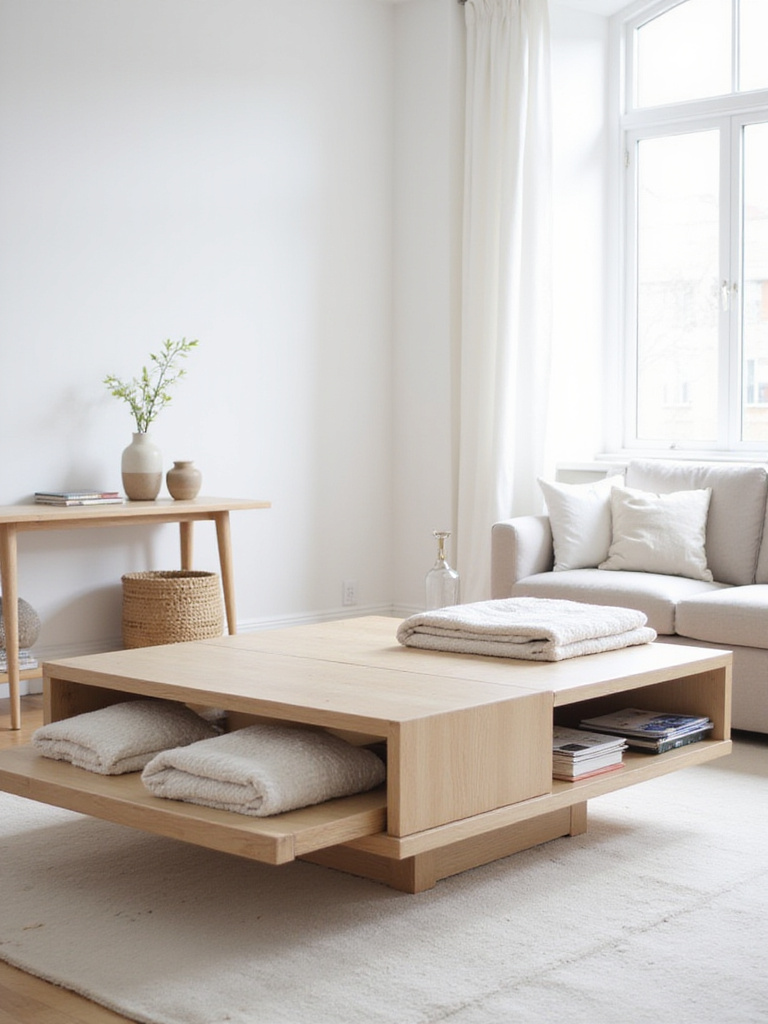 Serene living room featuring a coffee table with hidden storage and a woven basket for magazines.