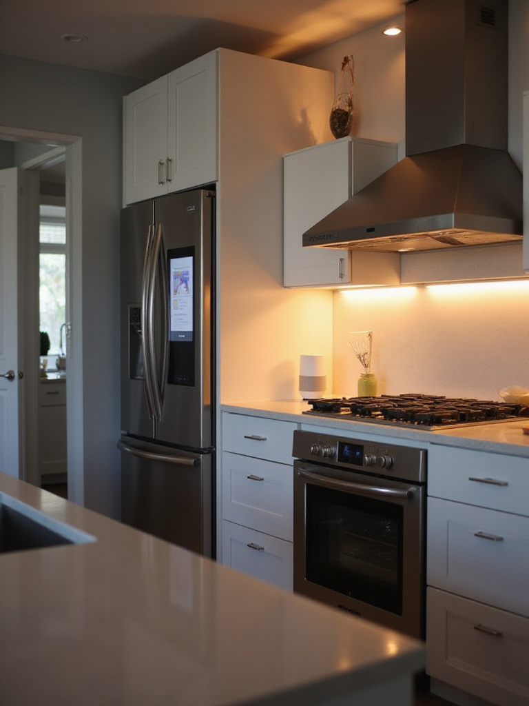 Modern kitchen with smart appliances, voice assistant, and automated lighting.