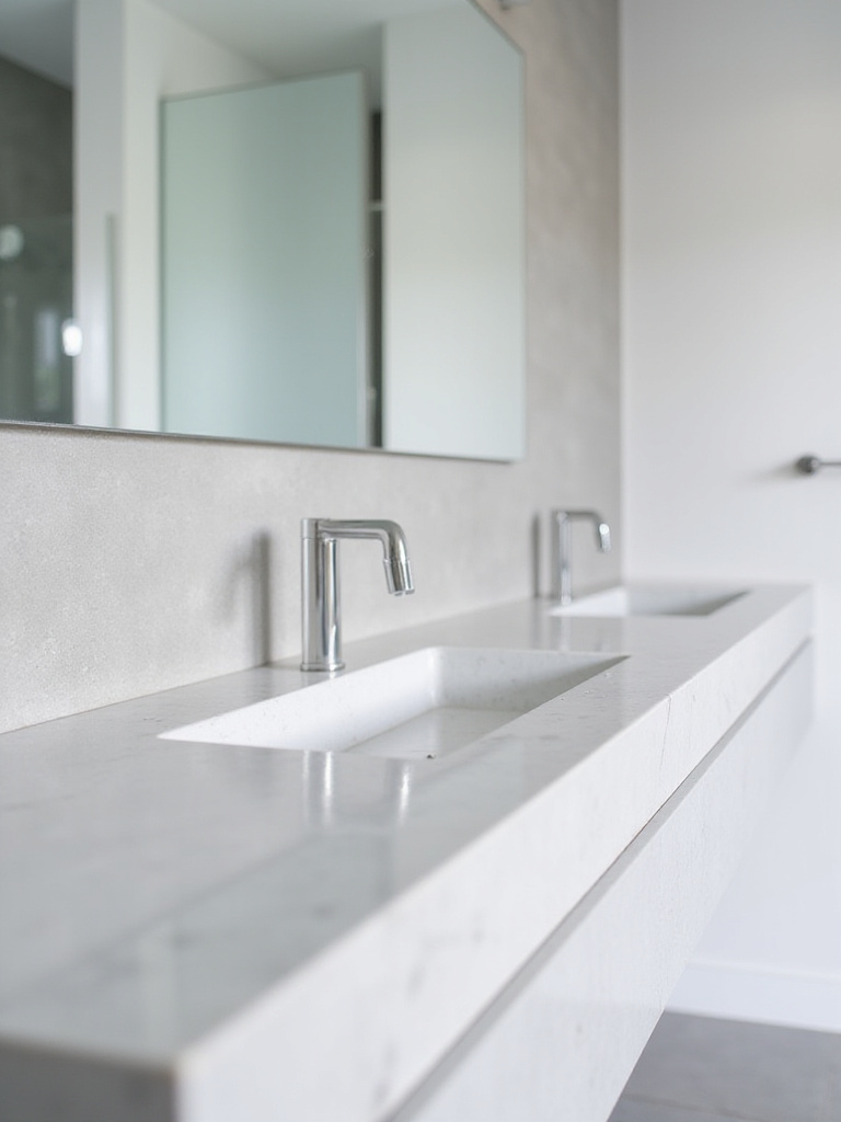 Contemporary bathroom vanity with seamless white quartz integrated sink and countertop.