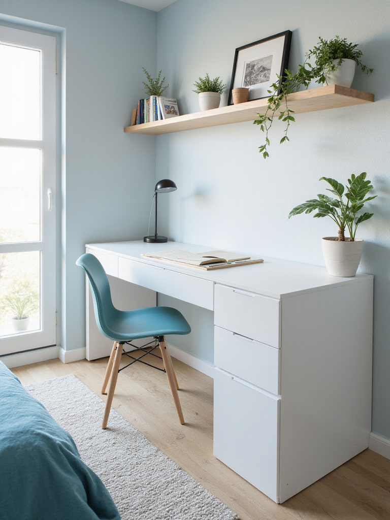 Modern bedroom with integrated workspace featuring a minimalist desk and floating shelves.