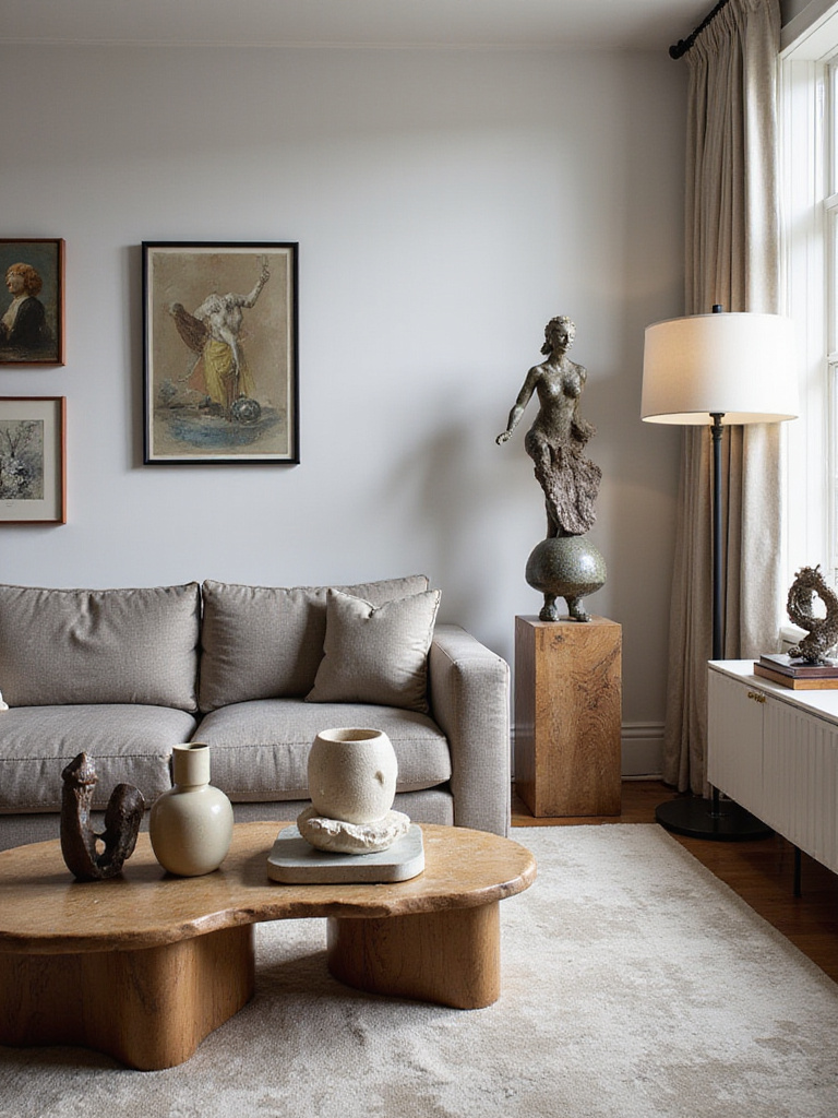 Living room interior showcasing various sculptural art pieces including a floor sculpture, tabletop sculptures on a coffee table and console, and a sculptural lamp, integrated with wall art and furniture.