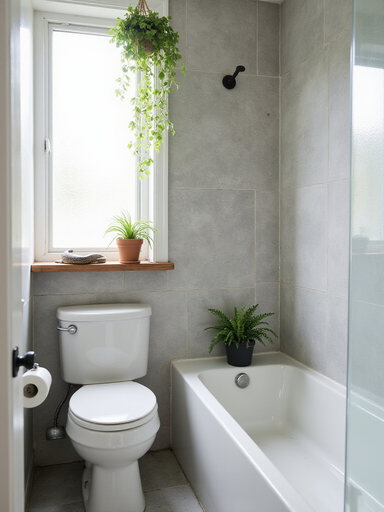 Small bathroom with plants on shelves and hanging from the ceiling, creating a natural and refreshing atmosphere.