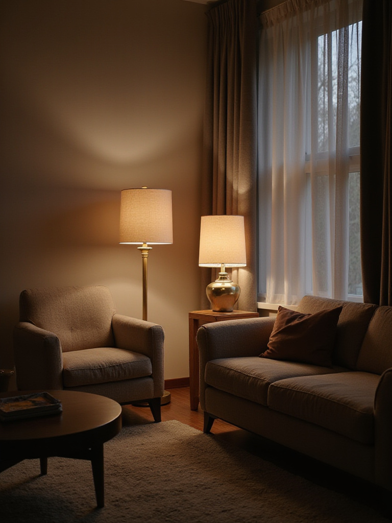 Serene living room with soft, ambient lighting from floor and table lamps.