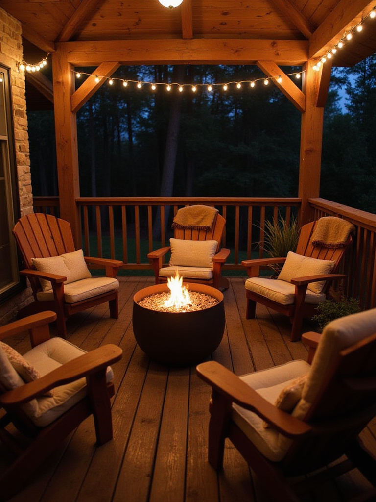 Cozy porch with fire pit, Adirondack chairs, and string lights for cooler evenings
