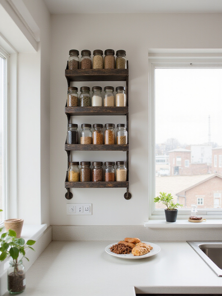 Stylish dark metal wall-mounted spice rack holding uniform glass jars, organized neatly on a clean kitchen wall above a counter in a modern apartment kitchen, maximizing vertical space.