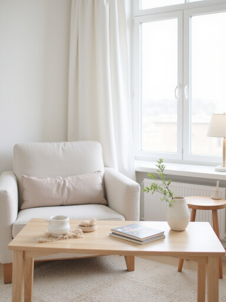 Serene living room with clear coffee table and side table