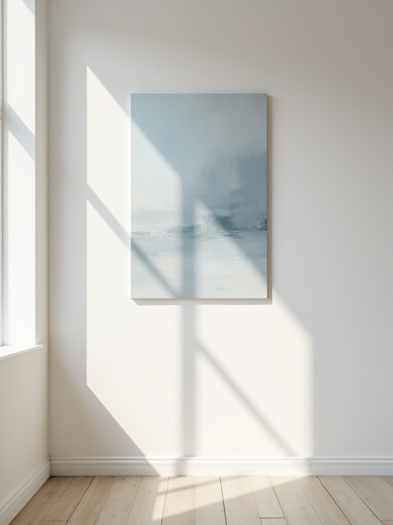Serene living room with off-white walls and minimalist abstract art.