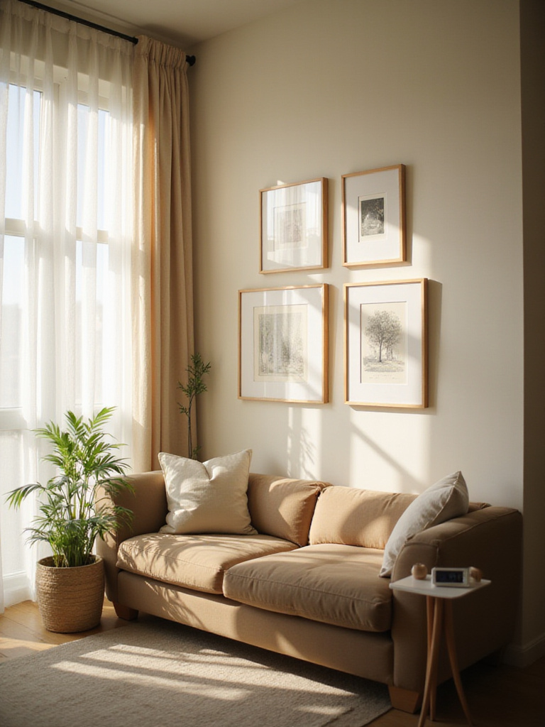 A calm living room interior with framed art displayed on walls, featuring soft natural light and a visible environmental monitor, illustrating the care taken to preserve the artwork.