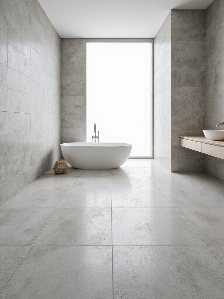 Contemporary bathroom with large format gray porcelain tiles on floor and walls, minimizing grout lines for a seamless look.