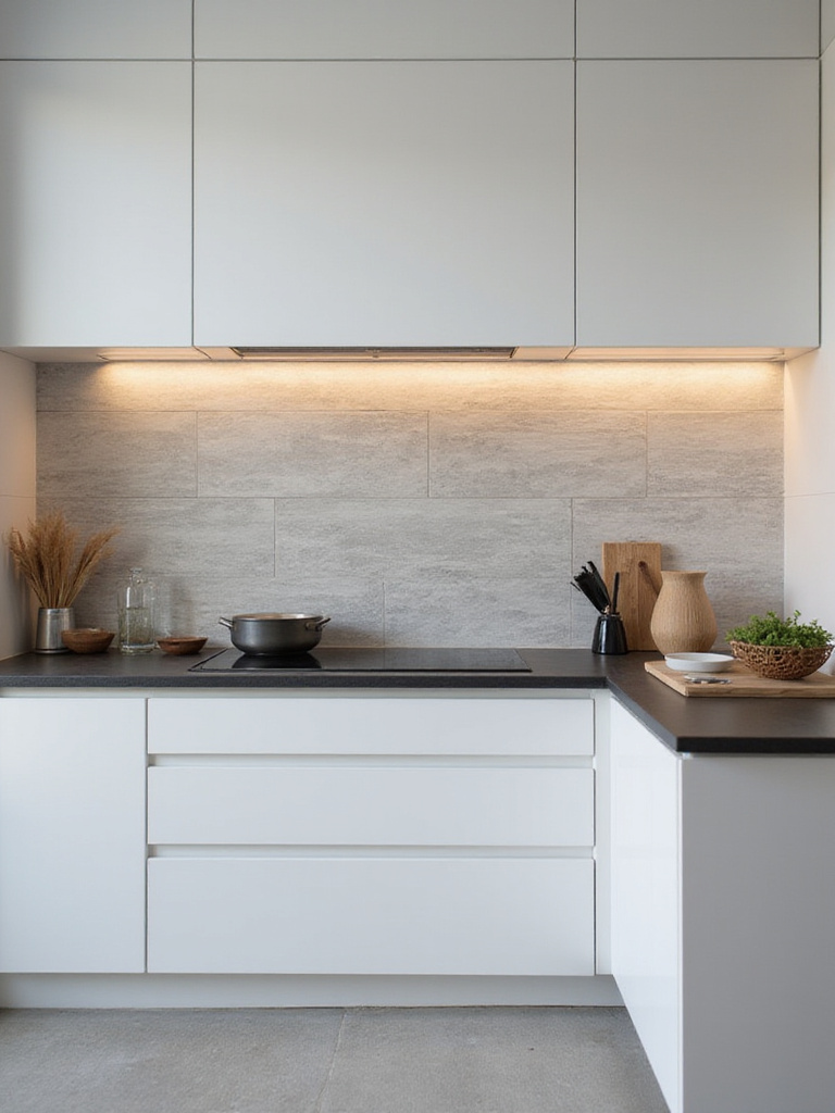 Modern kitchen backsplash featuring large format light gray porcelain tiles