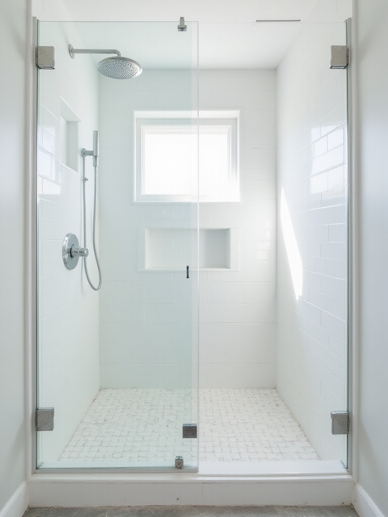 Minimalist shower design with frameless glass and white tiles