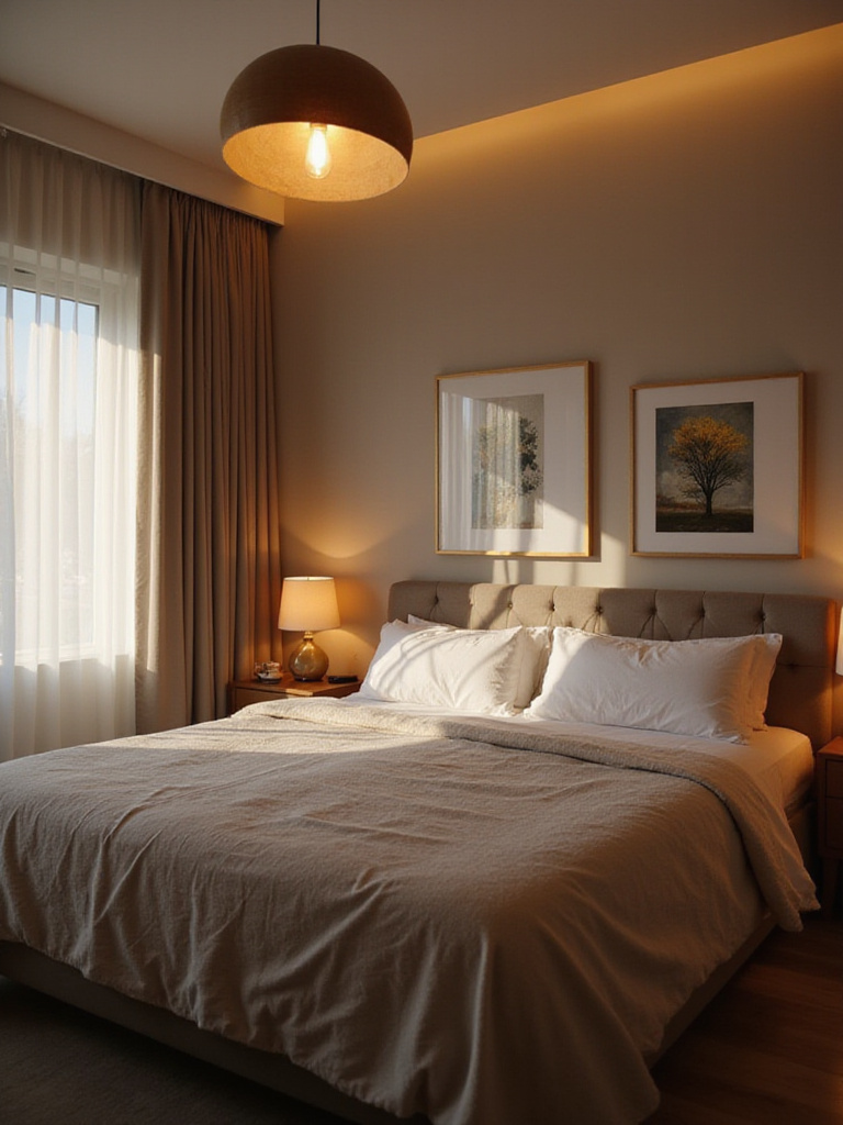Modern bedroom interior showcasing layered lighting with pendant lamp, bedside lamps, and accent lights for a relaxing ambiance.