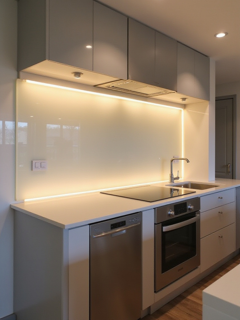 Modern kitchen backsplash with warm white LED lighting behind frosted glass tiles.