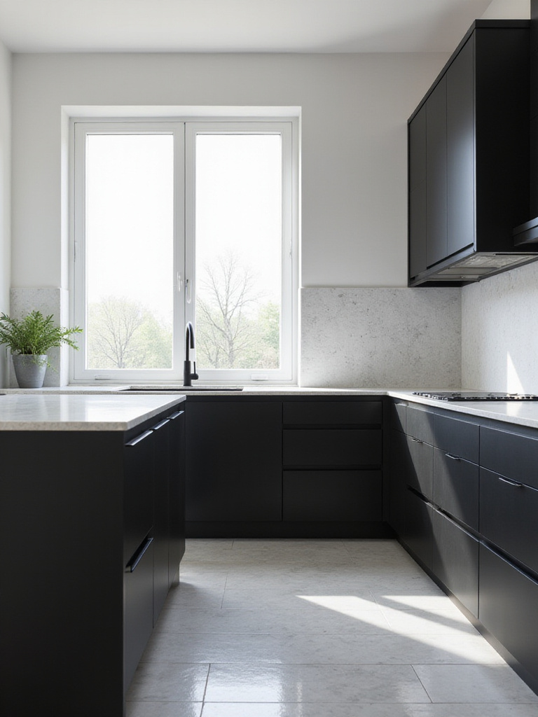 Modern kitchen with black semi-gloss cabinets and abundant natural light.