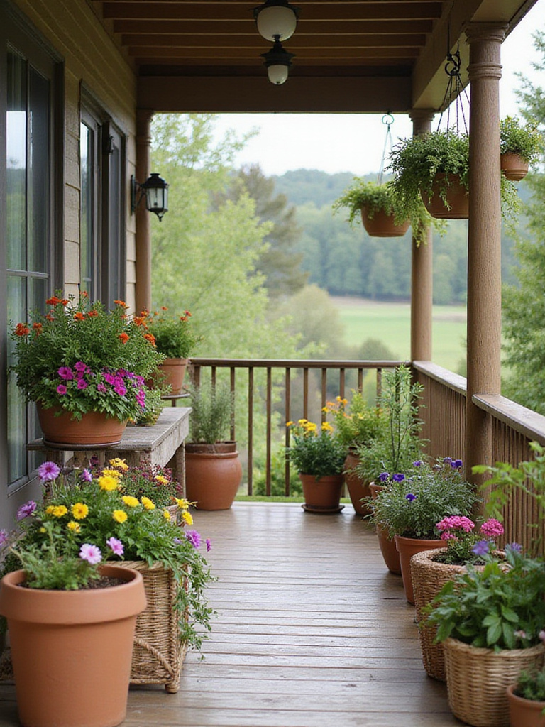 Porch decorated with colorful planters and flowers.