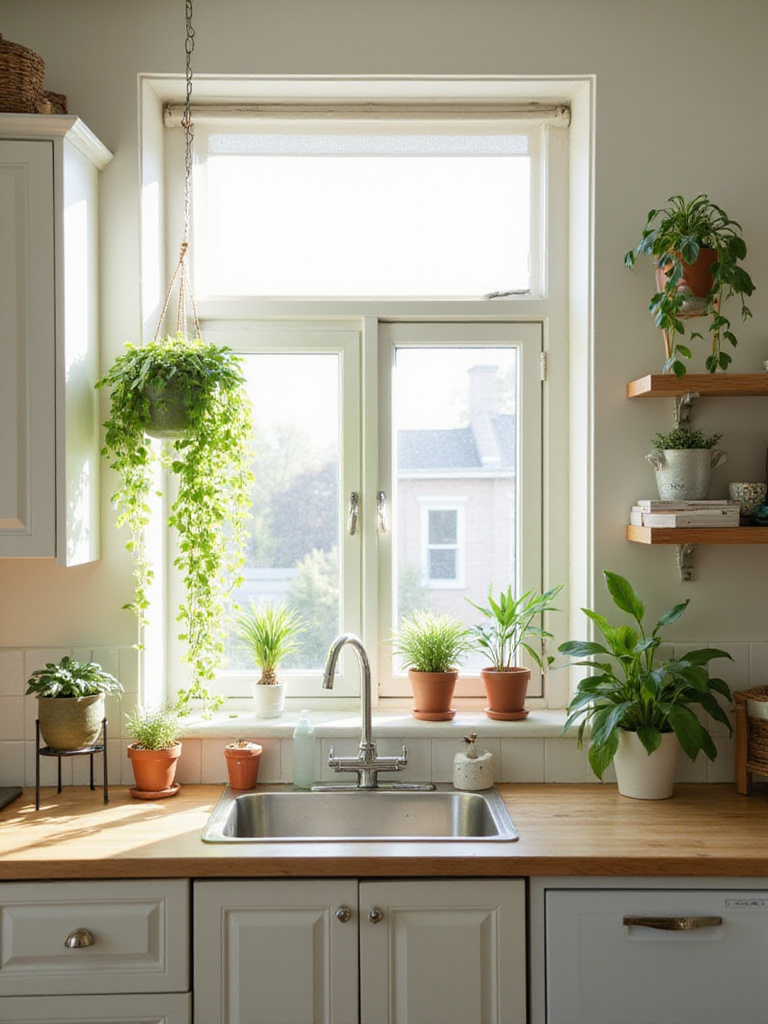 Indoor plants decorating a bright apartment kitchen, with herbs on the windowsill, a hanging pothos, and other plants on shelves and stands, enhancing style and maximizing space.