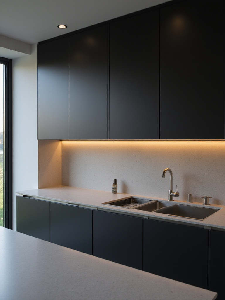 Modern kitchen featuring sleek black cabinets with light quartz countertops showcasing low-maintenance luxury.
