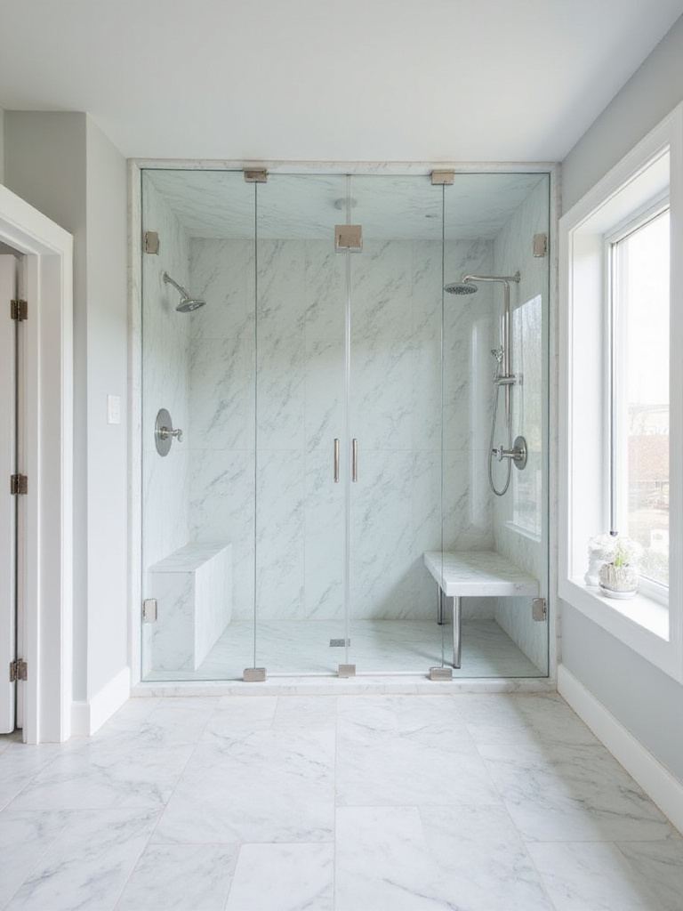 Luxurious marble shower with Carrara marble walls and floor, frameless glass enclosure, and built-in bench.