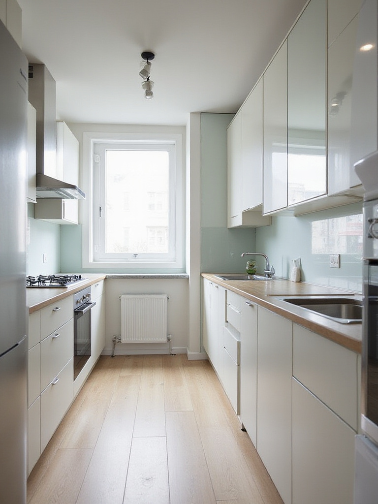 A small, modern apartment kitchen appears larger due to a large, frameless mirror on the back wall reflecting a bright window and the kitchen space, creating an illusion of depth and openness.