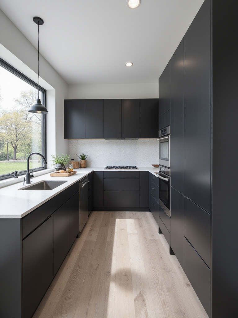 Modern kitchen with dramatic black cabinets as the focal point