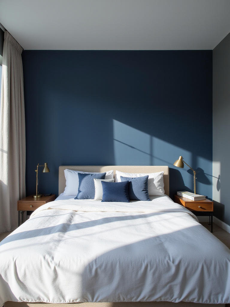 Modern bedroom with a dark blue accent wall behind a bed.