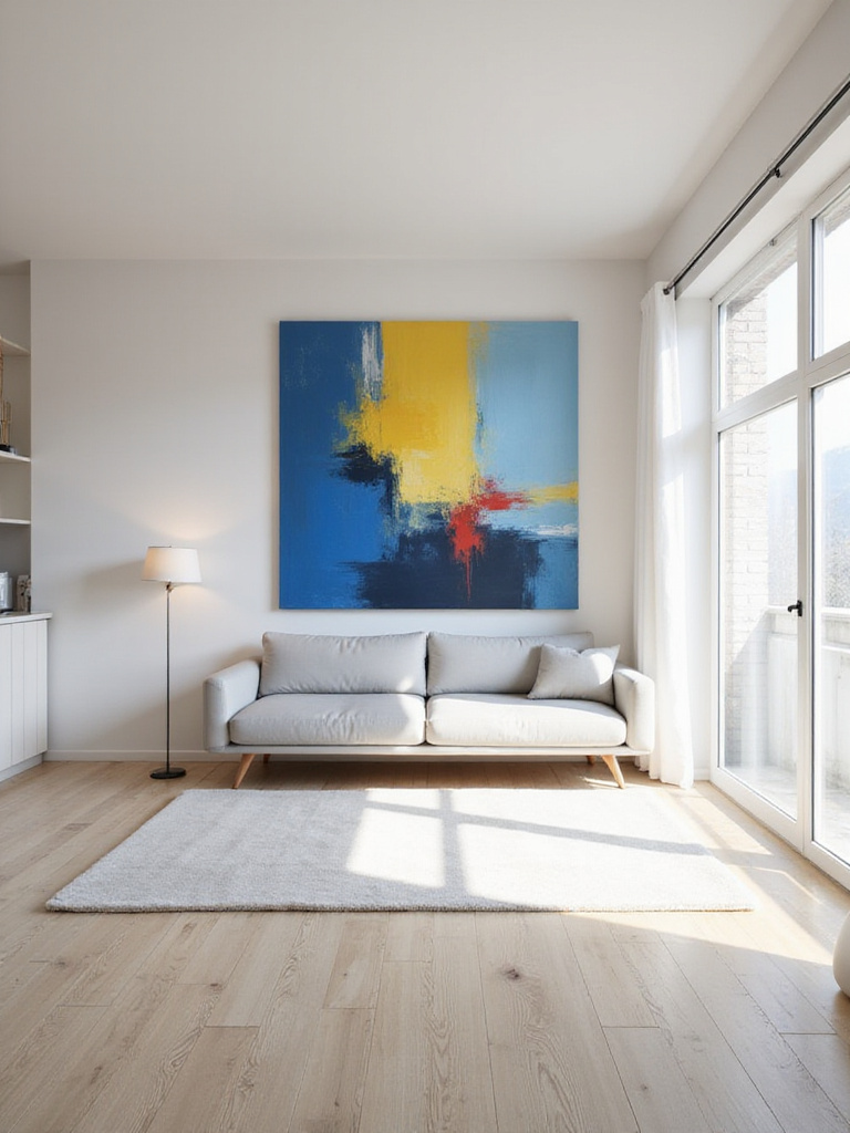 Large abstract painting serving as the central focal point above a grey sofa in a modern living room.