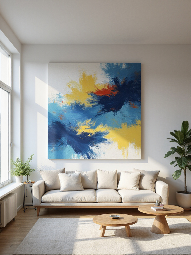 A modern living room with a large, colorful abstract painting hanging above a sofa, serving as the central focal point.