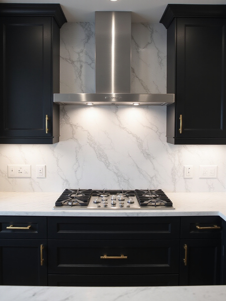 Modern kitchen with black cabinets and white marble backsplash