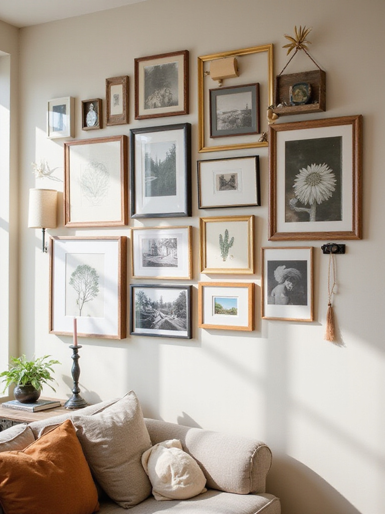 An eclectic gallery wall displayed on a neutral living room wall, featuring a variety of framed art and photos in different sizes and frame styles.