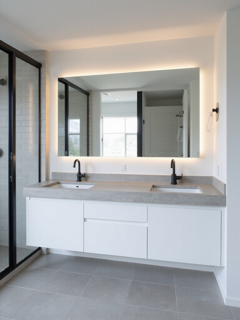 Contemporary bathroom with white vanity, concrete countertop, and matte black faucet.
