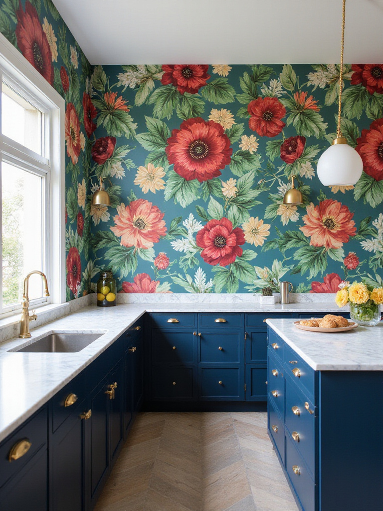 Modern kitchen with bold floral maximalist wallpaper, navy blue cabinets, and white marble countertops.