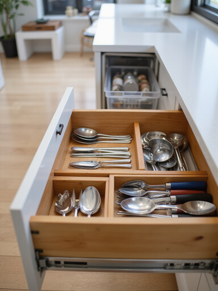 An open kitchen drawer in an apartment filled with smart organizers like utensil trays and dividers, showcasing maximized space and efficient storage.