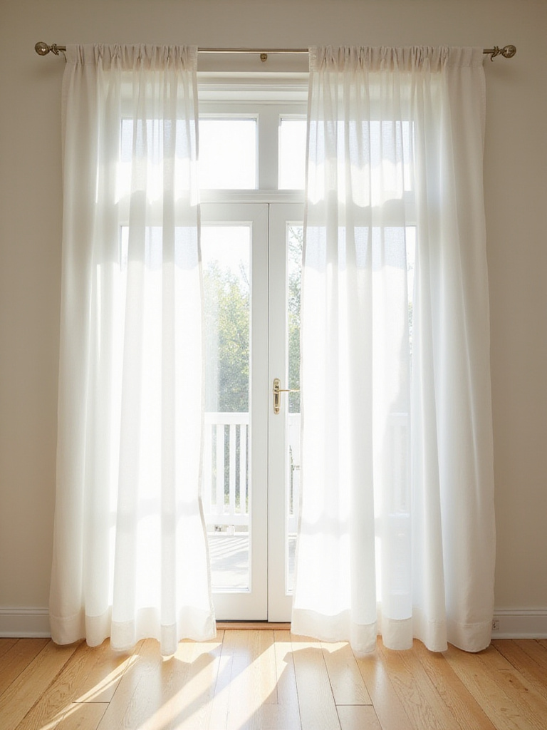 Serene living room with sheer curtains and blinds maximizing natural light