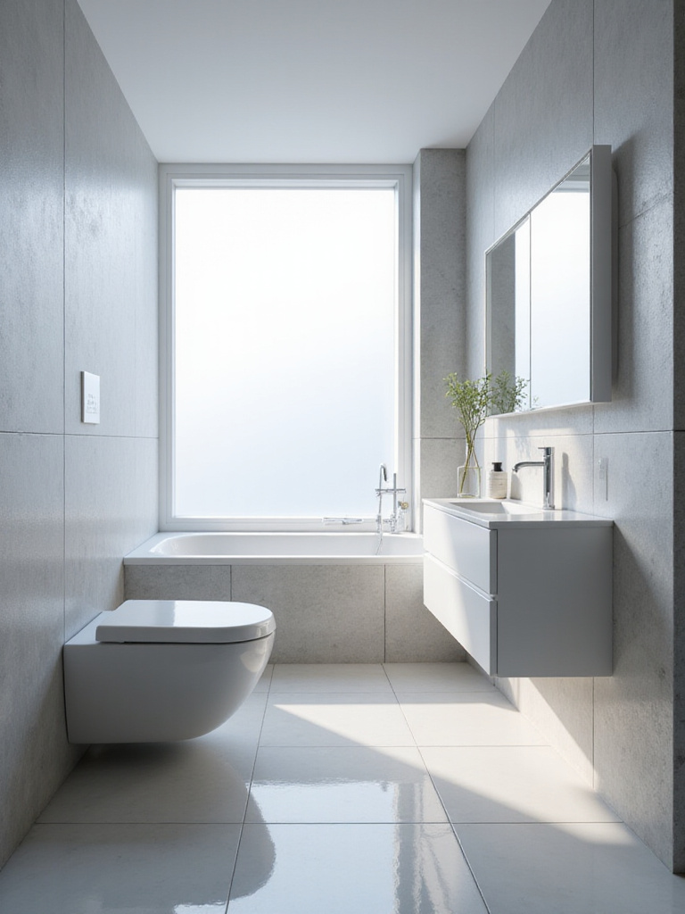 Small bathroom with frosted window maximizing natural light