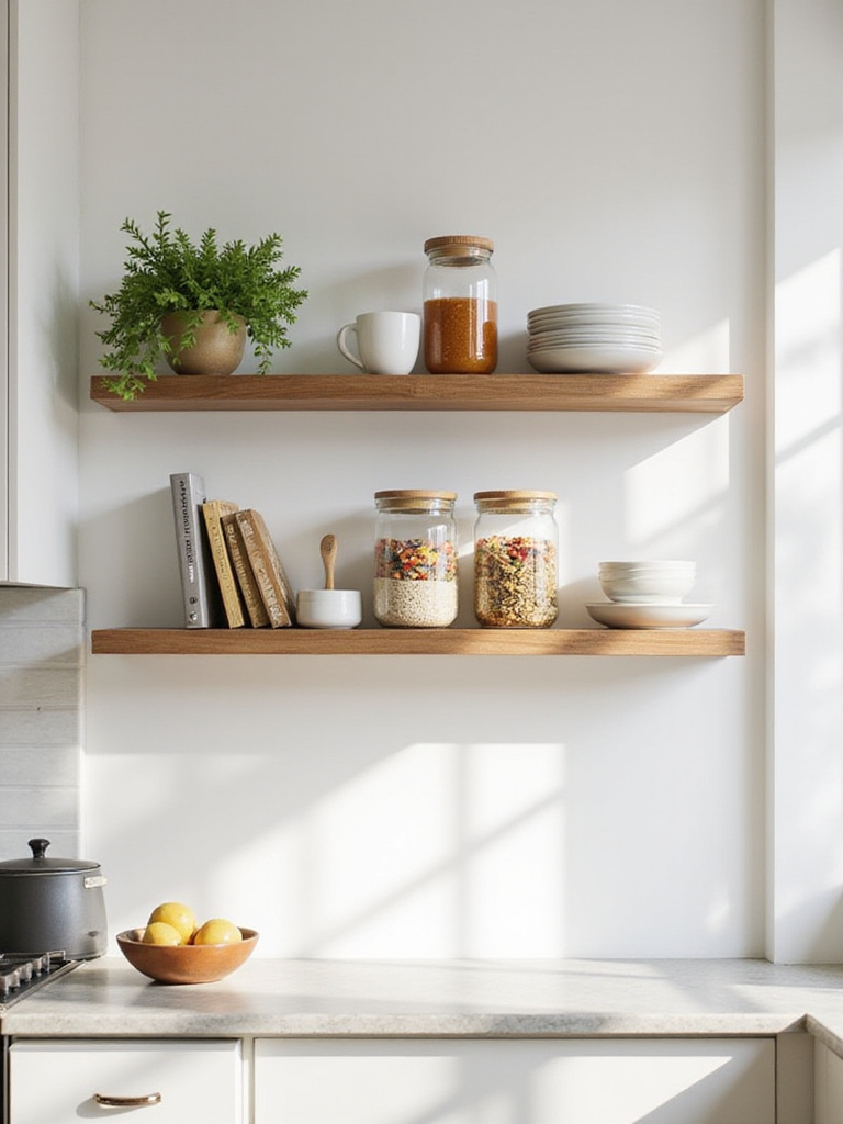 Stylish floating shelves in a bright apartment kitchen, showcasing organized dishware, jars, and plants to maximize vertical storage and enhance decor.