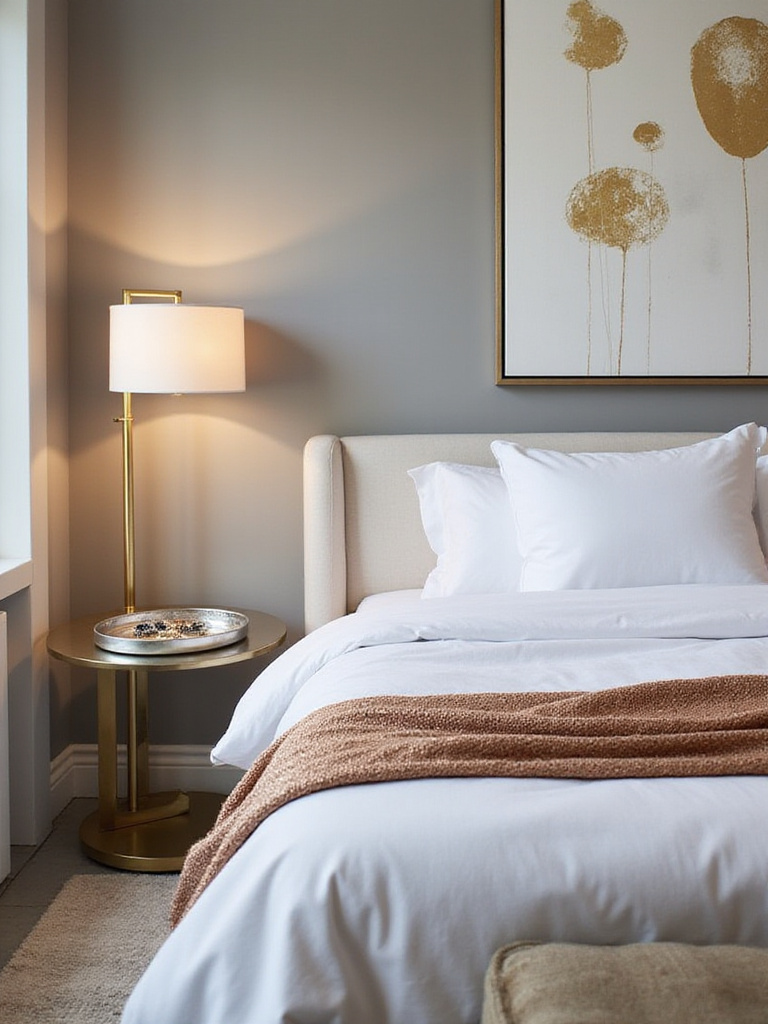 Modern bedroom with metallic accents, including gold lamp, silver tray, and copper throw blanket