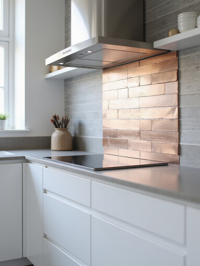 Modern kitchen with stainless steel and copper backsplash tiles
