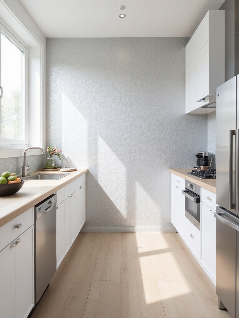 Modern kitchen with silver metallic geometric wallpaper accent wall