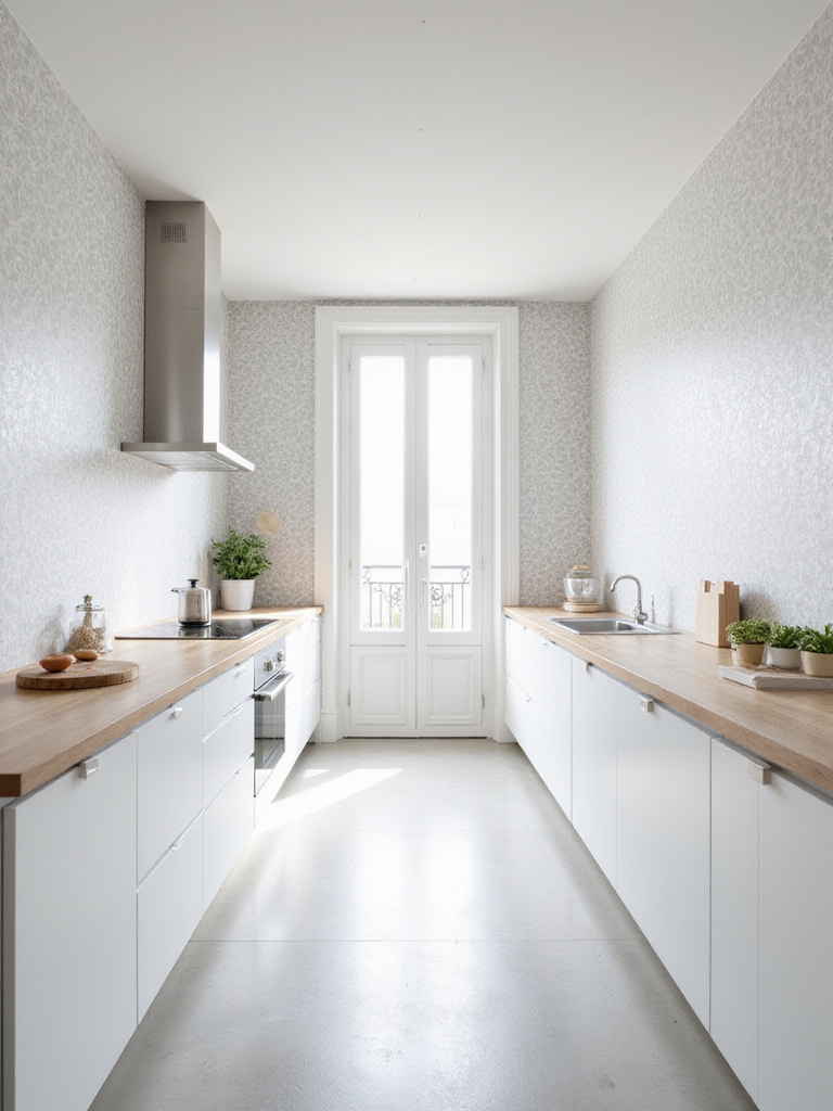 Modern kitchen with minimalist light gray geometric wallpaper creating a clean and serene atmosphere.