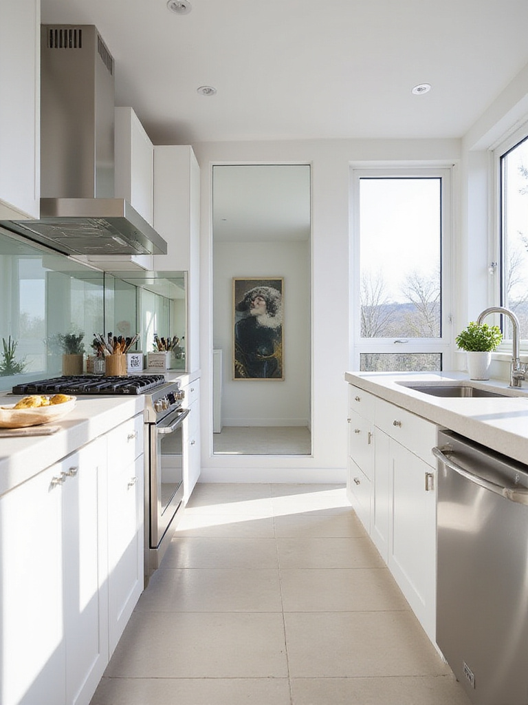 Modern kitchen with a light-reflecting mirrored backsplash.