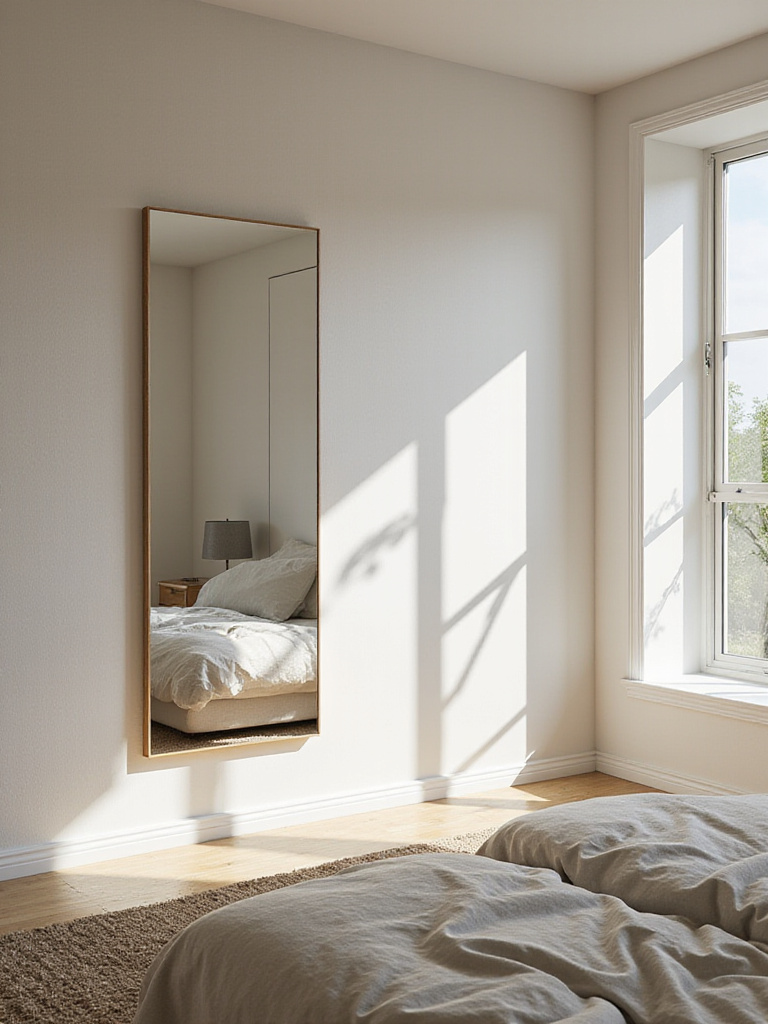 Modern bedroom with large mirror reflecting light and expanding the space.