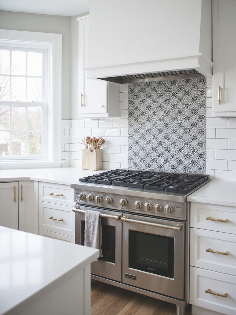 Modern kitchen backsplash featuring a mix of subway and patterned tiles.